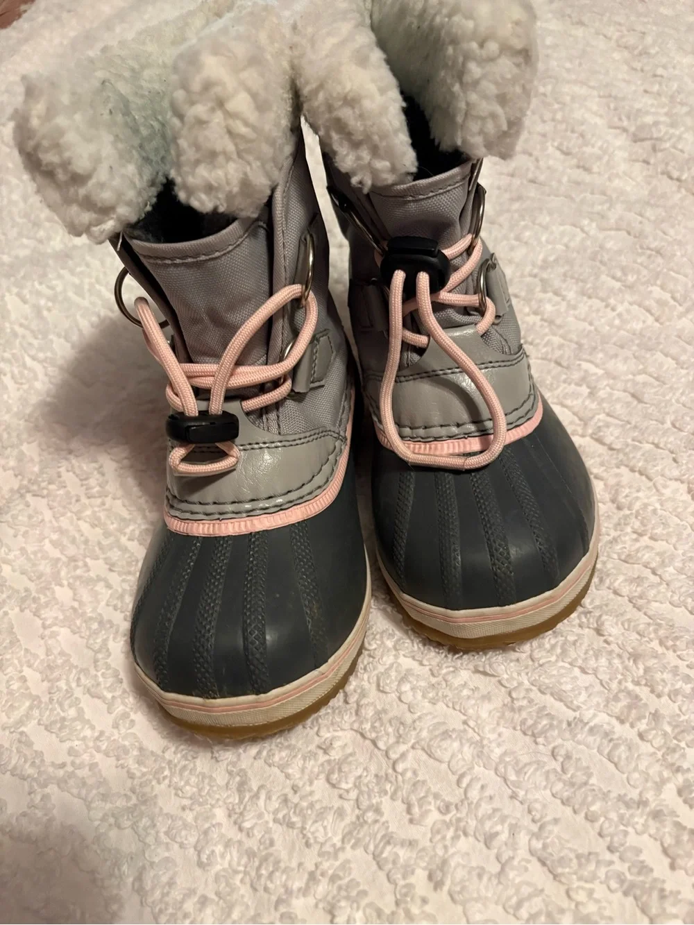 Sorel Kids Gray and Pink Waterproof Snow Boots with Fleece Cuff